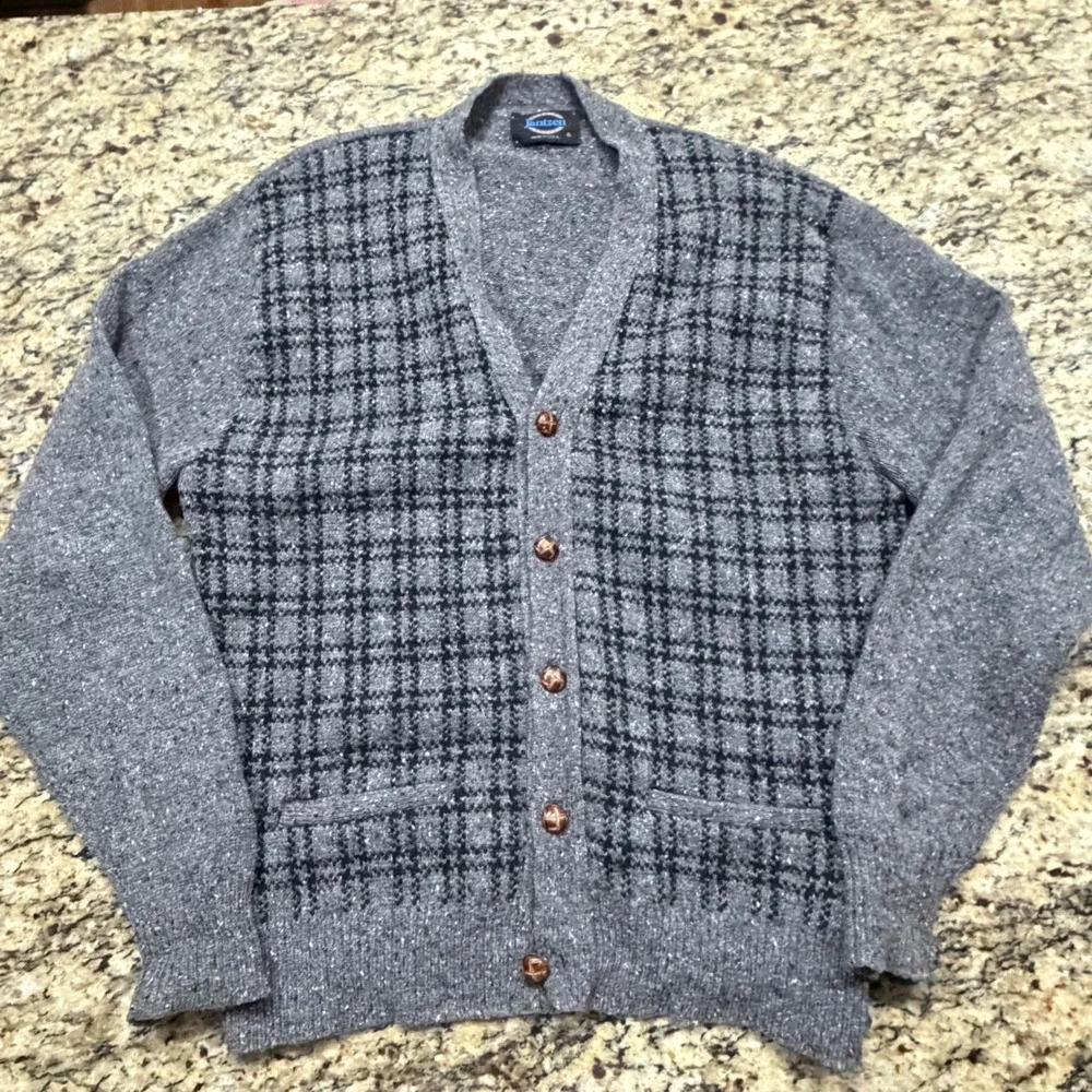 Vintage Jantzen Mens XL Gray Plaid Button Front Cardigan Sweater Made in USA